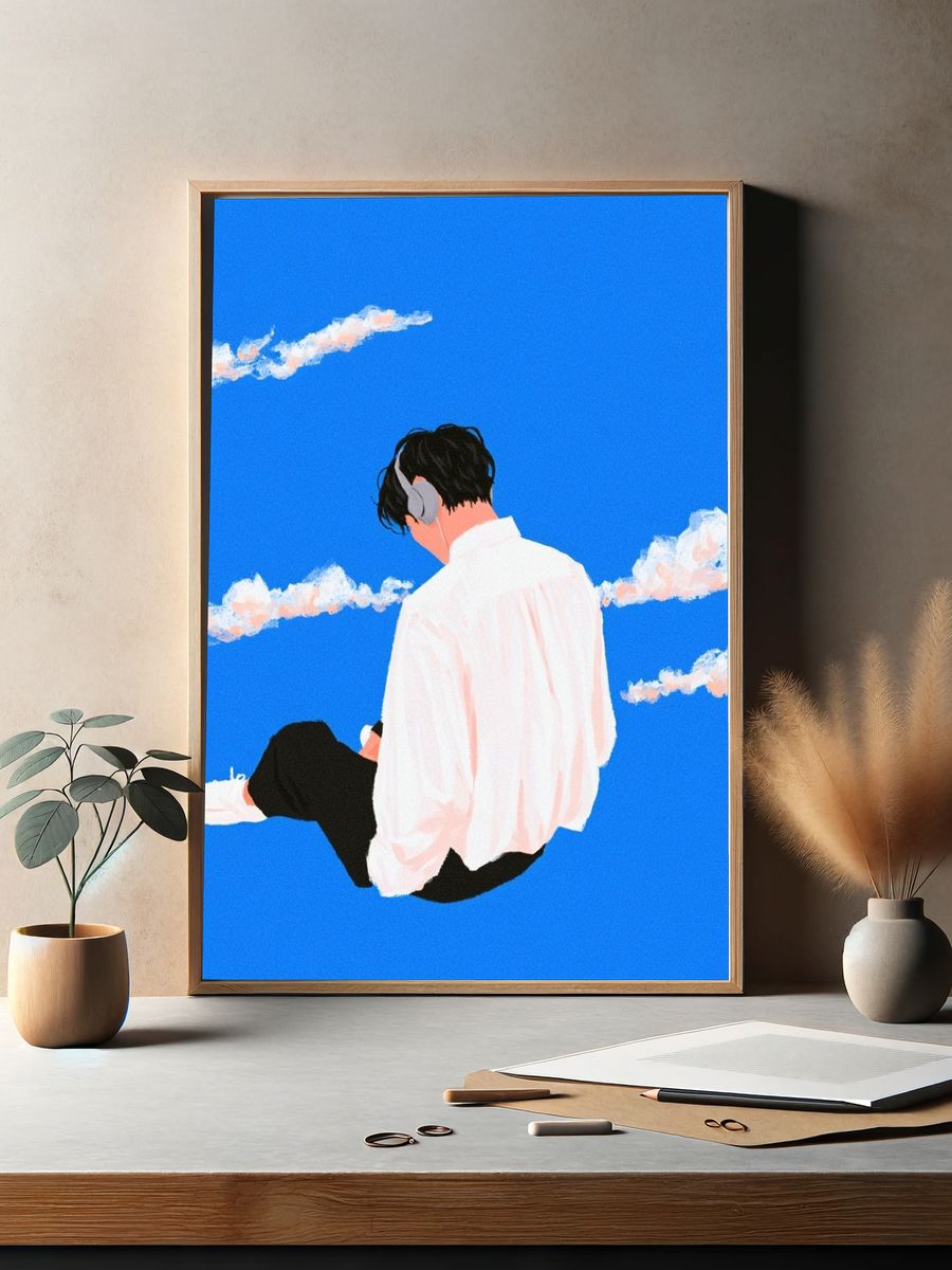 Headphones in the Sky Illustration Poster. — room view 2