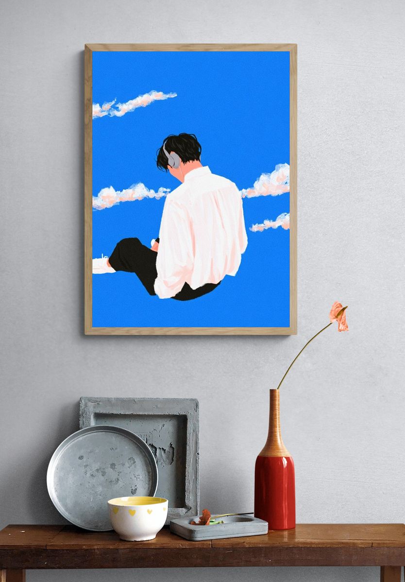Headphones in the Sky Illustration Poster. — room view 3