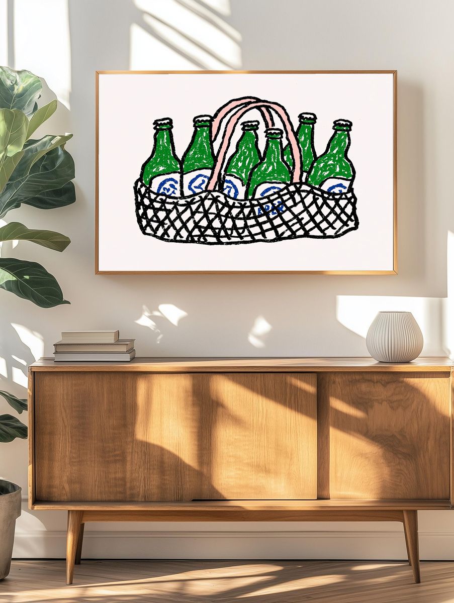 Beer Bottles Basket Illustration Poster. — room view 3