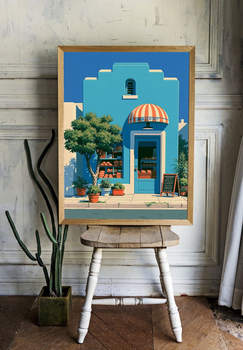 Blue Bakery Facade Illustration Poster. room preview