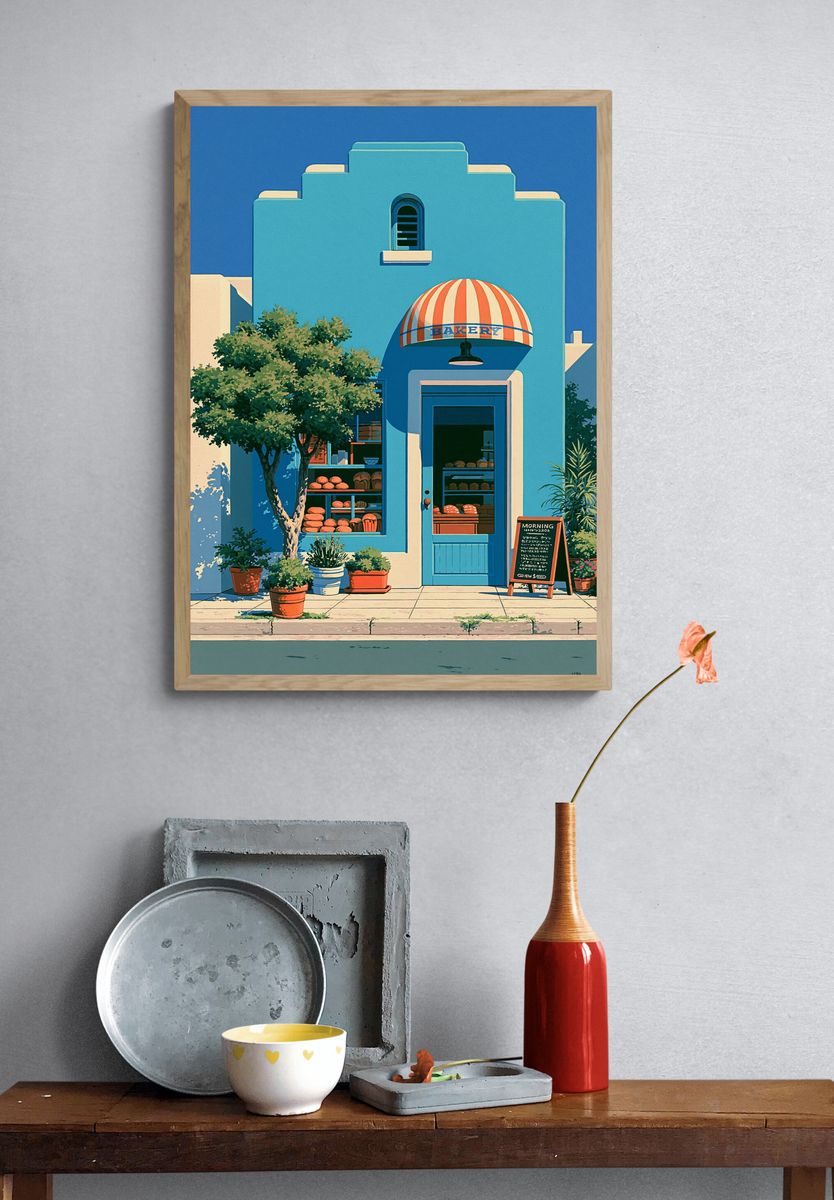 Blue Bakery Facade Illustration Poster. — room view 3