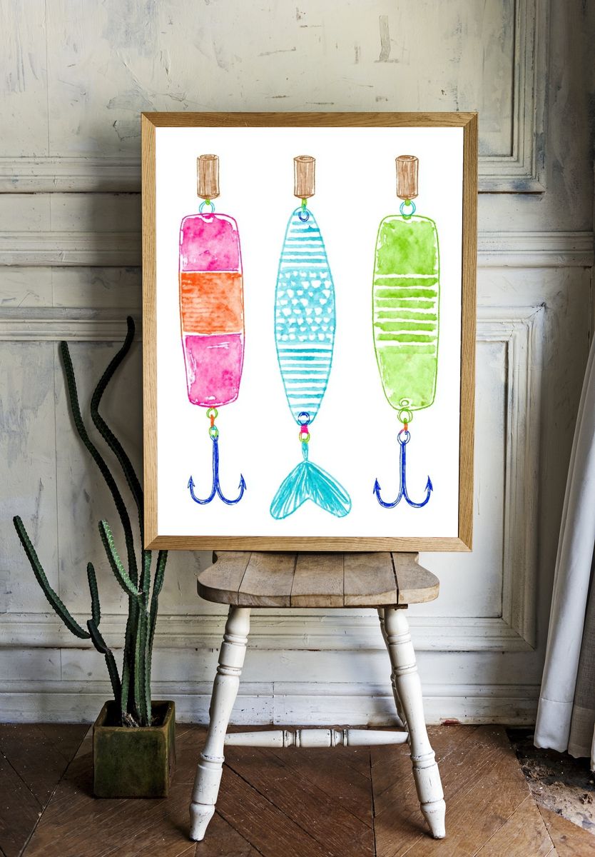 Watercolor Fishing Lures Illustration Poster room preview