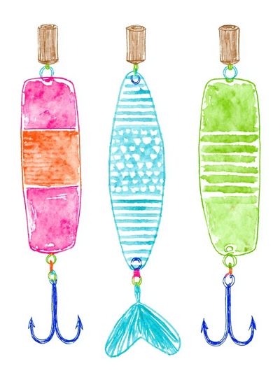 Watercolor Fishing Lures Illustration Poster. poster print