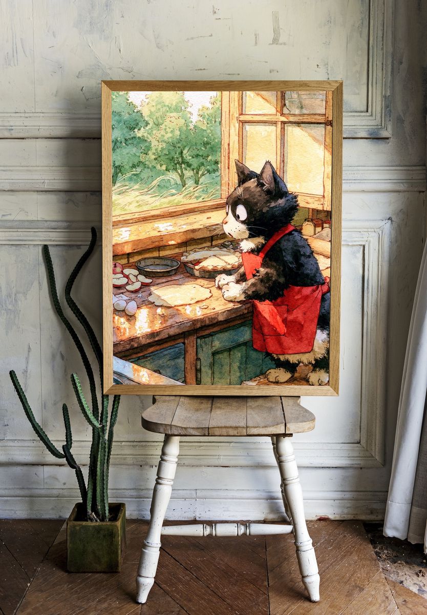 Cat in Kitchen Watercolor Poster. room preview