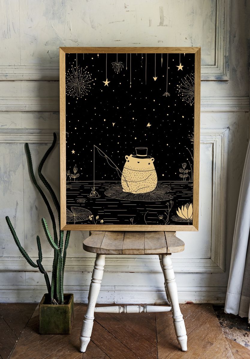 Moonlit Bear Fishing Illustration Poster. — room view 1