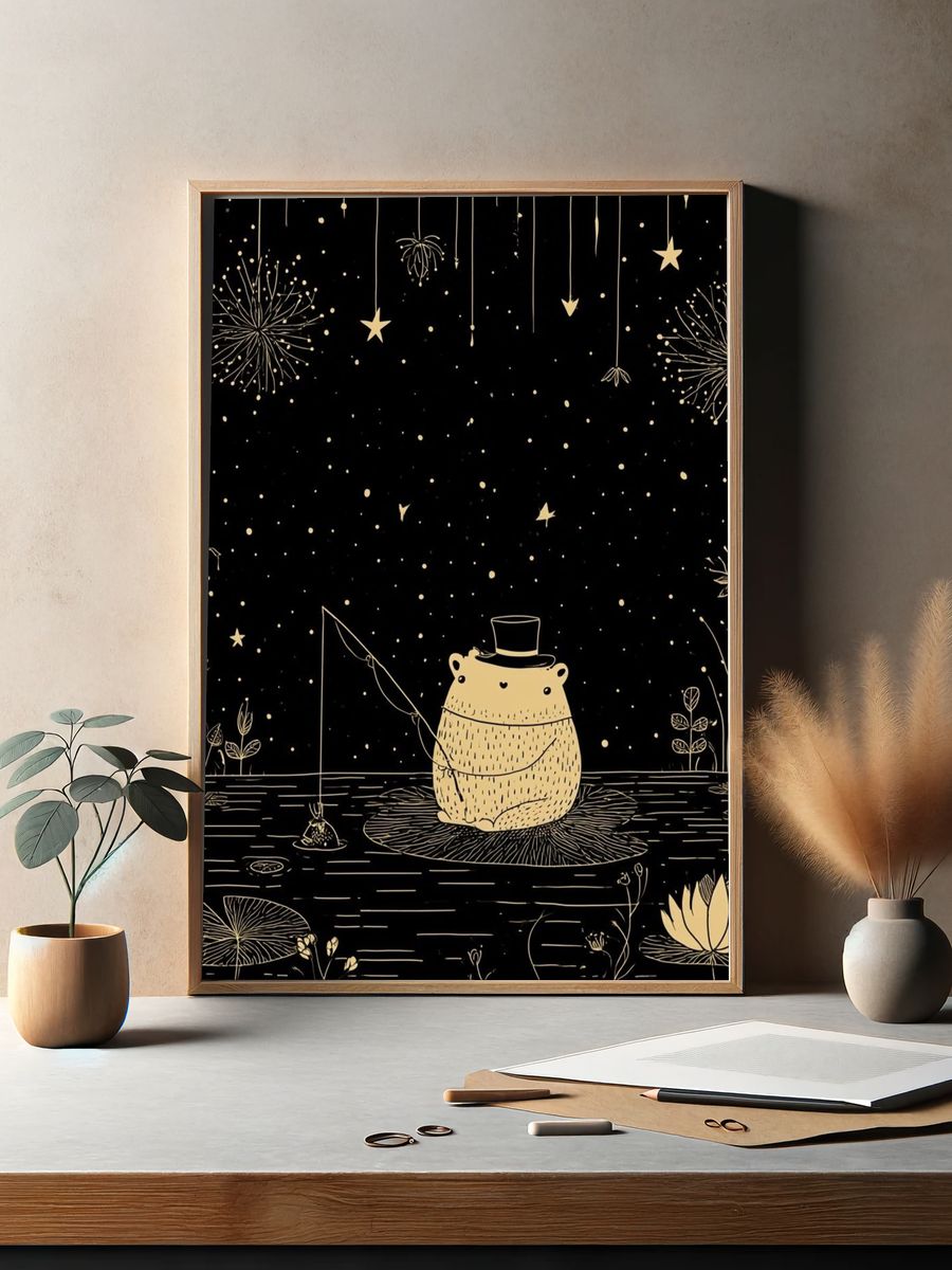 Moonlit Bear Fishing Illustration Poster. — room view 2