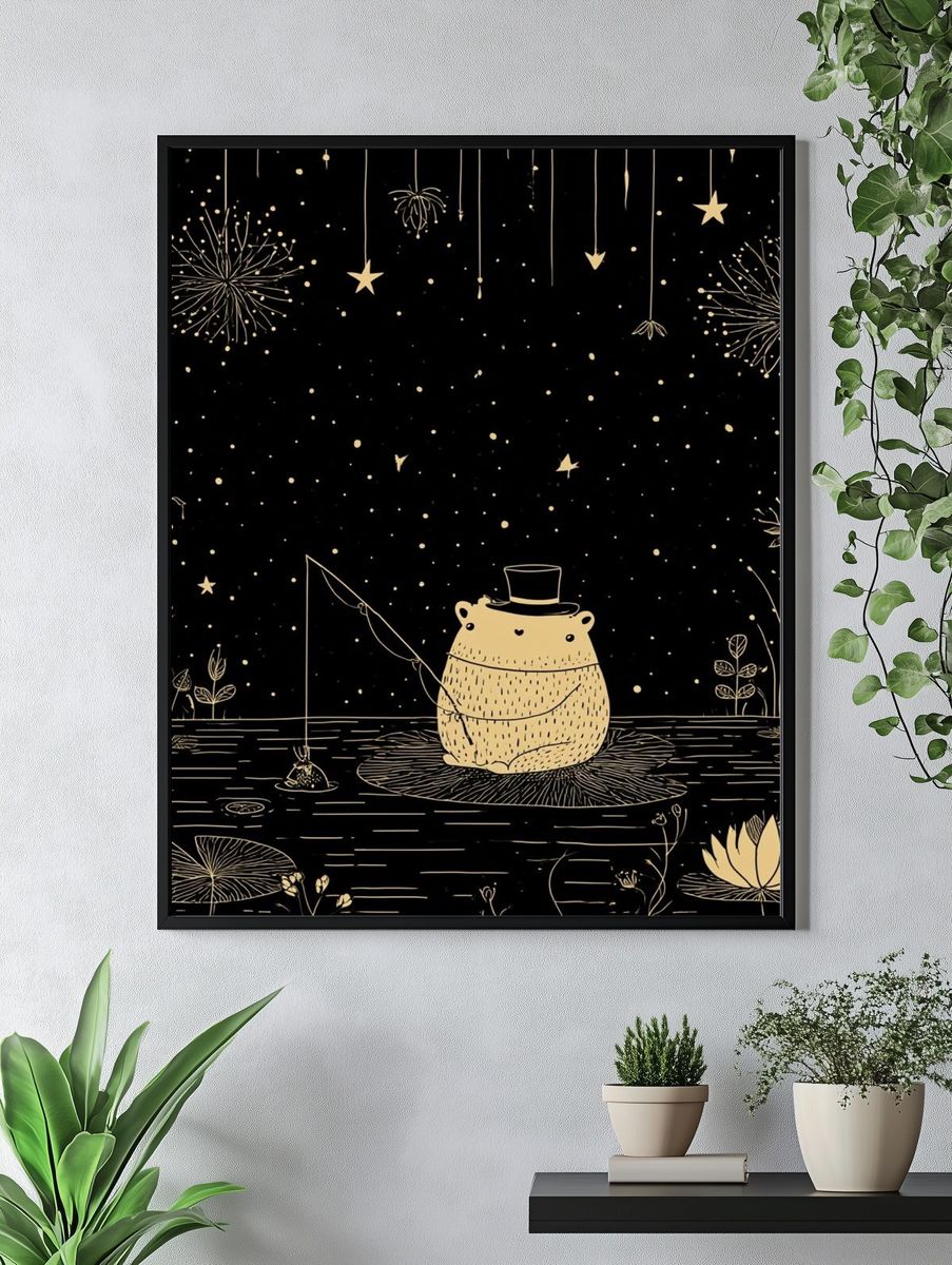Moonlit Bear Fishing Illustration Poster. — room view 4