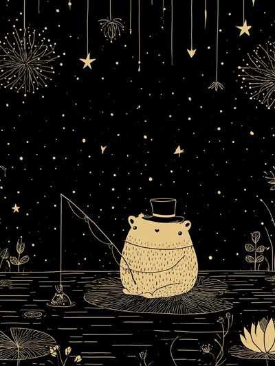 Moonlit Bear Fishing Illustration Poster. poster