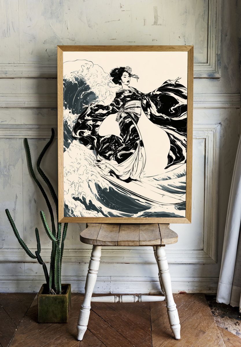 Geisha Wave Ink Poster. room preview