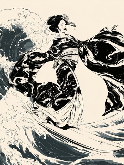 Geisha Wave Ink Poster.