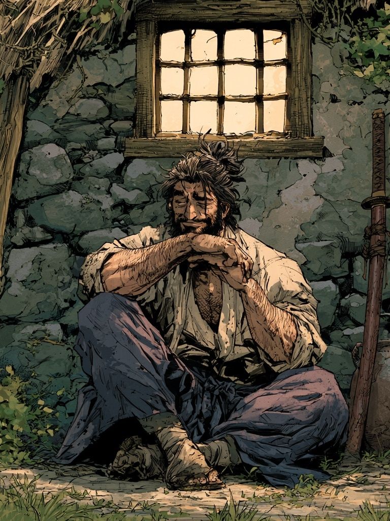 Samurai Resting by Cottage Window Poster. poster detail