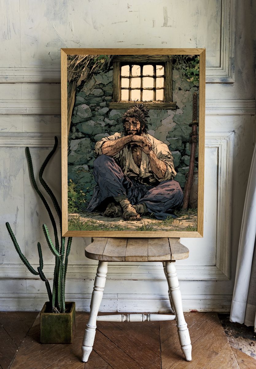 Samurai Resting by Cottage Window Poster. room preview
