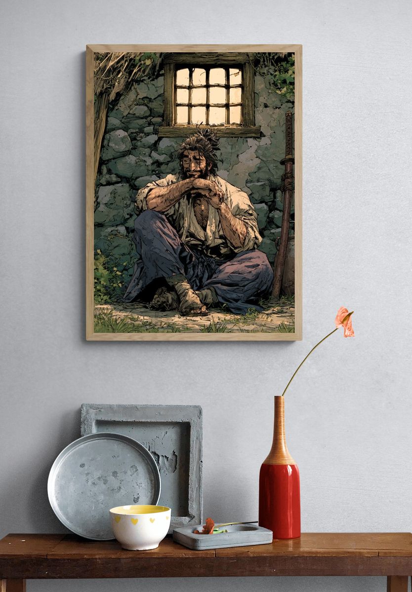 Samurai Resting by Cottage Window Poster. — room view 3