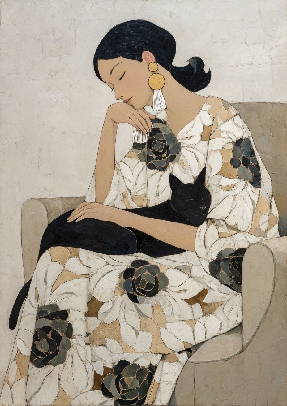 Woman with Black Cat Contemporary Print. poster — illustration art