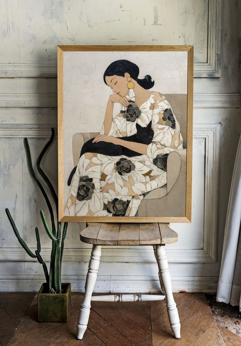 Woman with Black Cat Contemporary Print. room preview