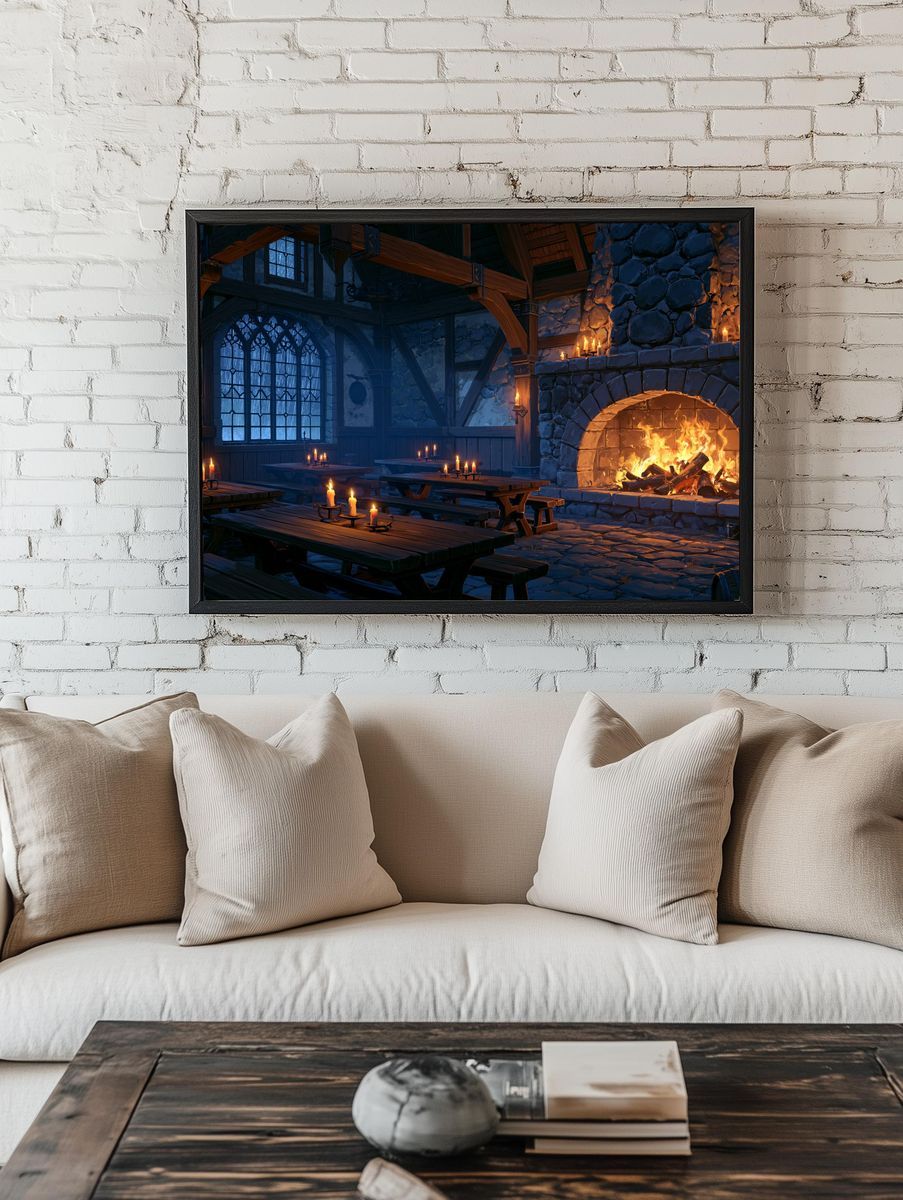 Cozy Tavern Fireplace Illustration Poster. room preview
