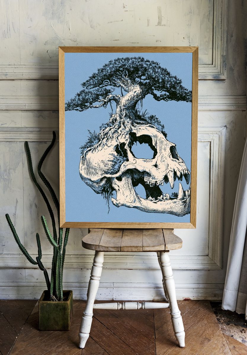 Bonsai Skull Surrealism Print. room preview