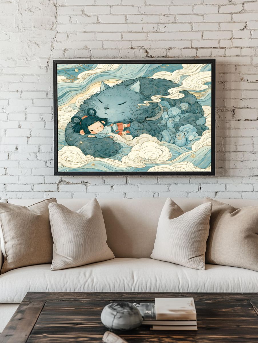 Sleeping Cat and Girl Illustration Poster. — room view 1