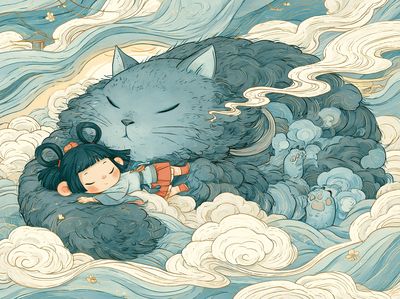 Sleeping Cat and Girl Illustration Poster. poster print