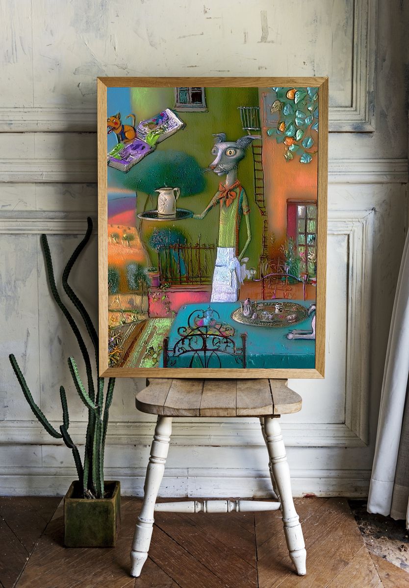 Surreal Cat Tea Party Print. — room view 1