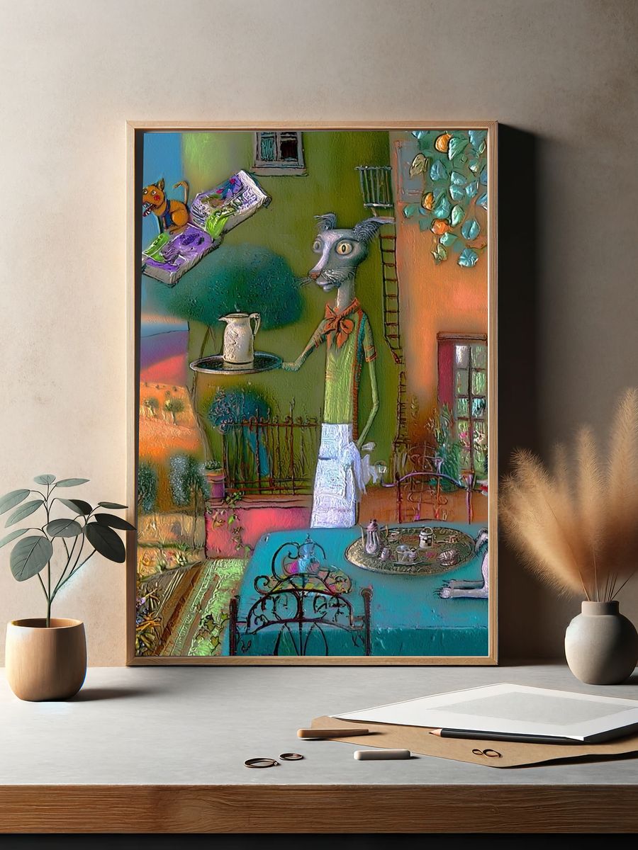 Surreal Cat Tea Party Print. — room view 2