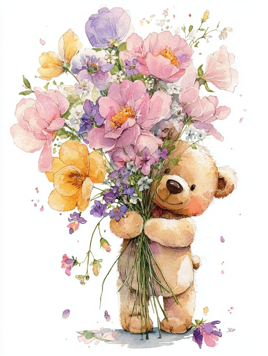 Teddy Bear Bouquet Watercolor Poster. poster detail