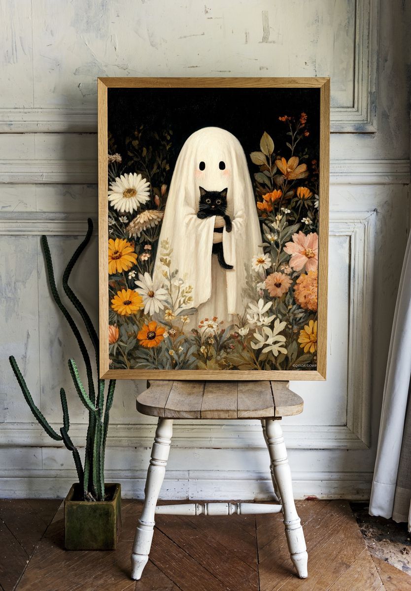 Ghost and Black Cat Floral Poster. room preview