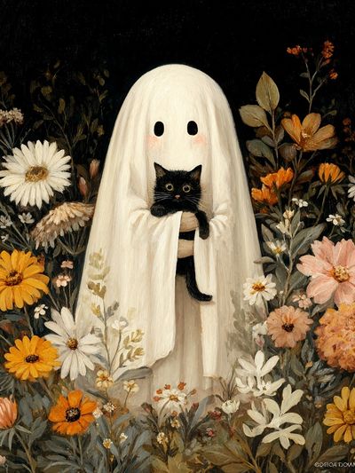 Ghost and Black Cat Floral Poster. poster