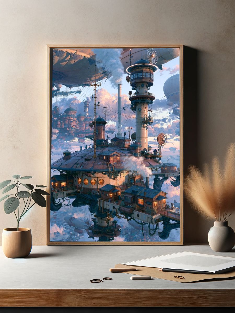 Floating Sky City Sci-Fi Illustration Poster. — room view 2