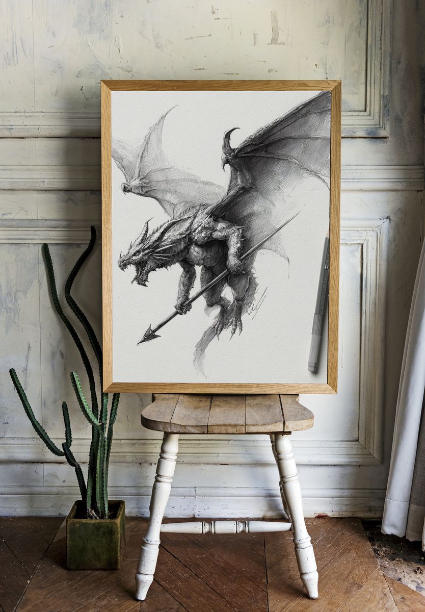 Dragon Sketch Illustration Poster. — room view 1