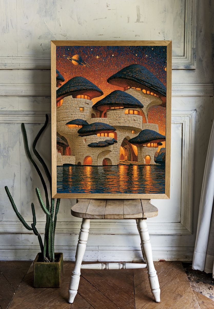 Mushroom Village Nightscape Print. — room view 1