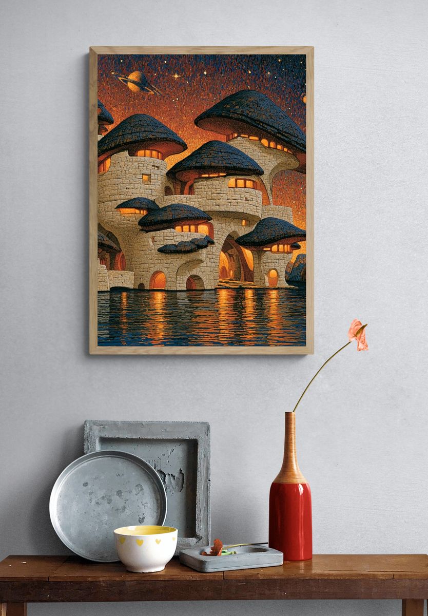 Mushroom Village Nightscape Print. — room view 3