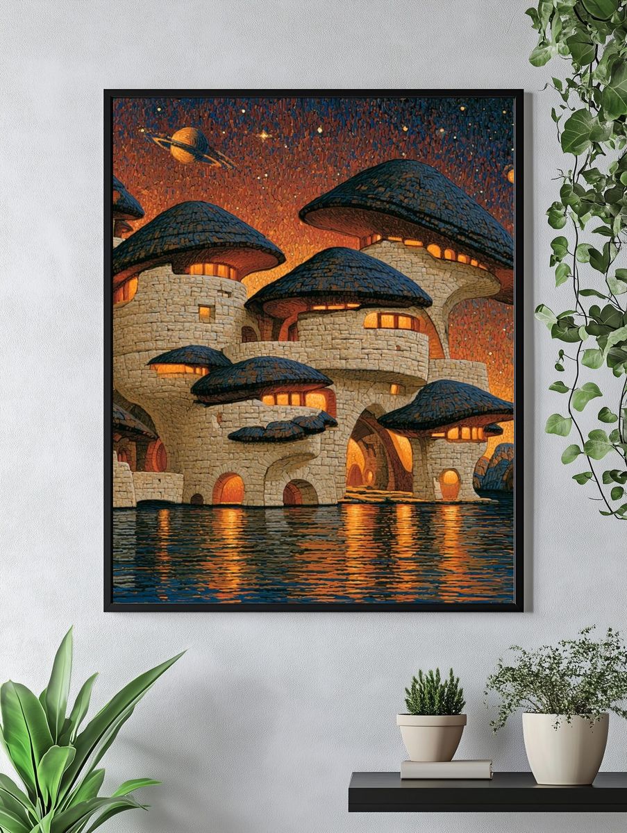 Mushroom Village Nightscape Print. — room view 4