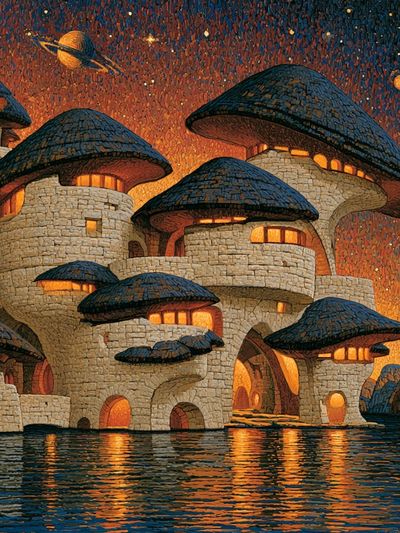 Mushroom Village Nightscape Print. poster print