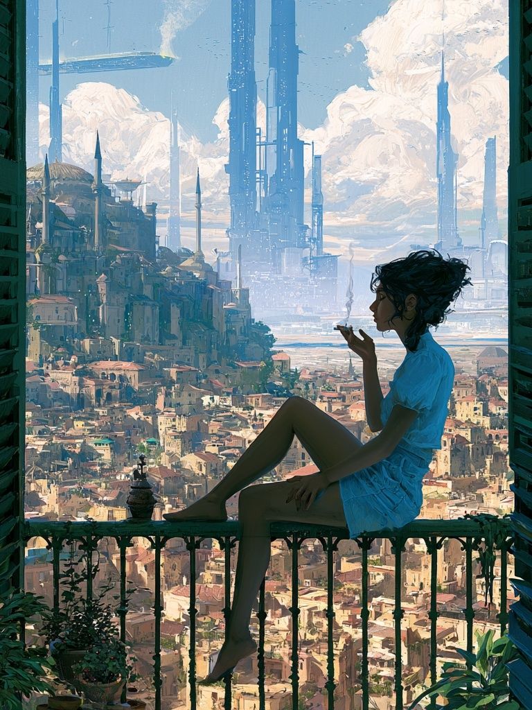 Futuristic Balcony Cityscape Print. poster detail