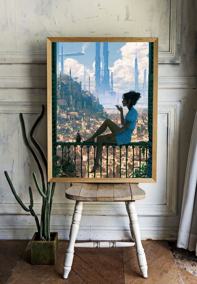 Futuristic Balcony Cityscape Print. — room view 1
