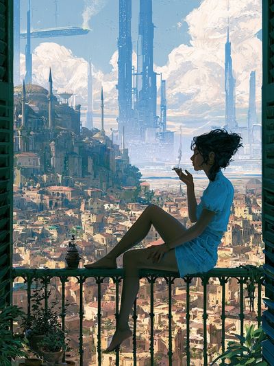 Futuristic Balcony Cityscape Print. poster