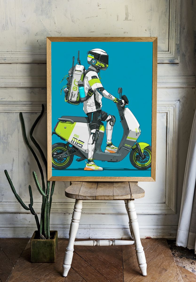 Futuristic Scooter Rider Illustration Poster room preview