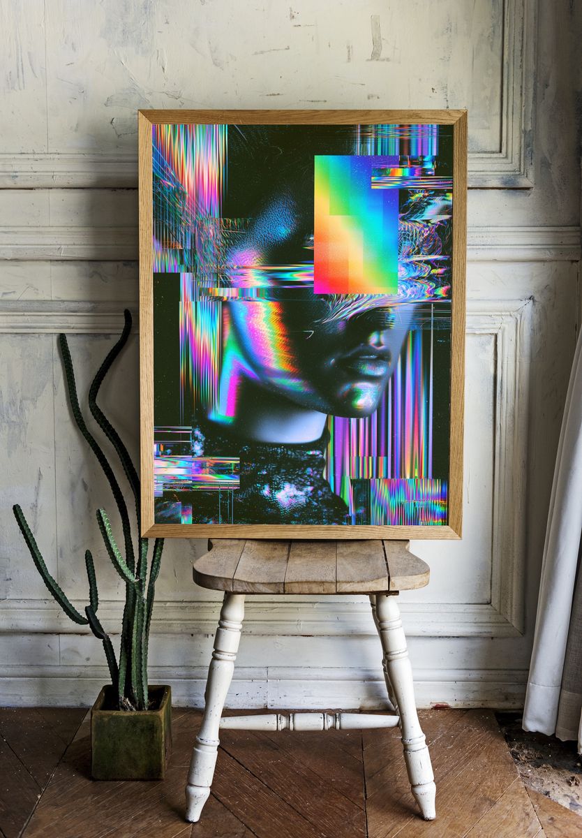 Glitch Neon Portrait Poster. — room view 1
