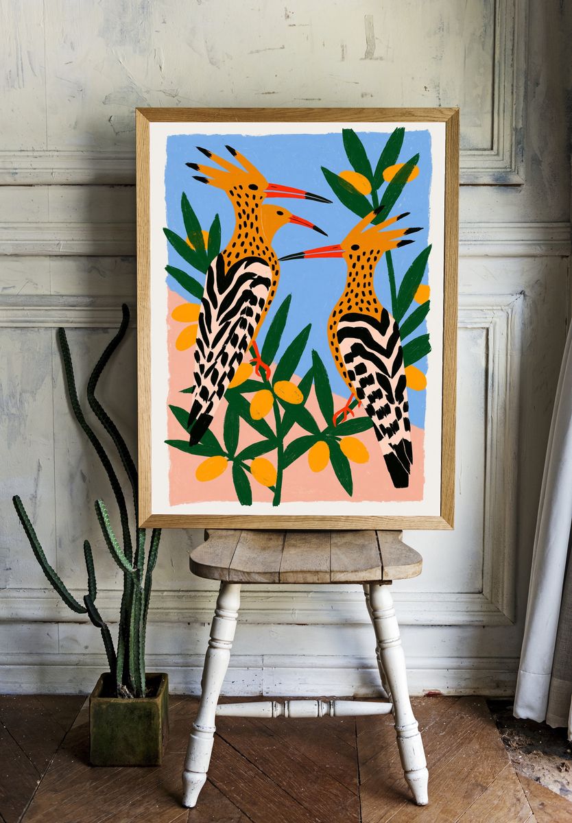Tropical Hoopoe Birds Illustration Poster. — room view 1