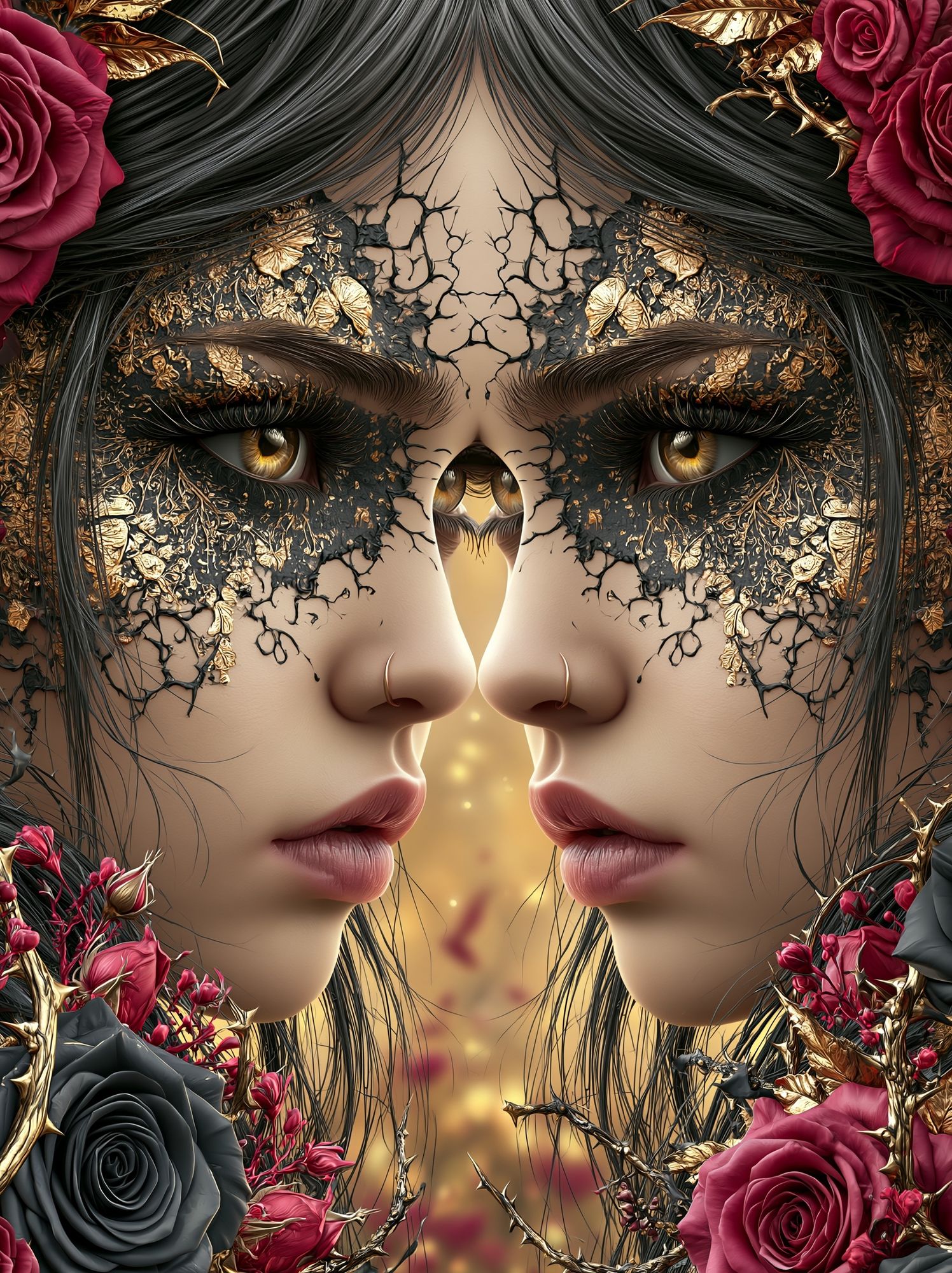 Twin Faces Floral Surrealism Print. poster detail