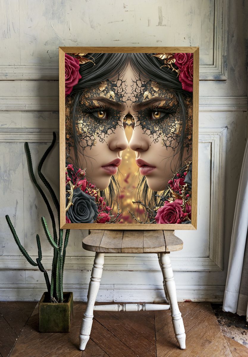 Twin Faces Floral Surrealism Print. — room view 1