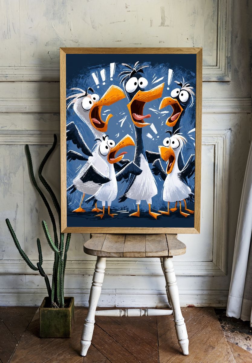 Surprised Seagulls Illustration Poster. — room view 1