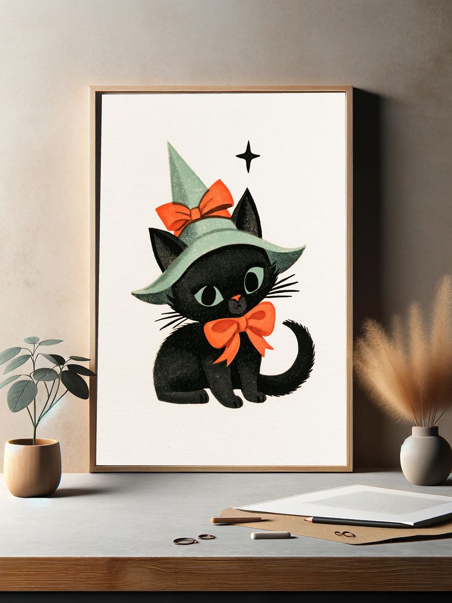 Witch Hat Cat Illustration Poster. — room view 2