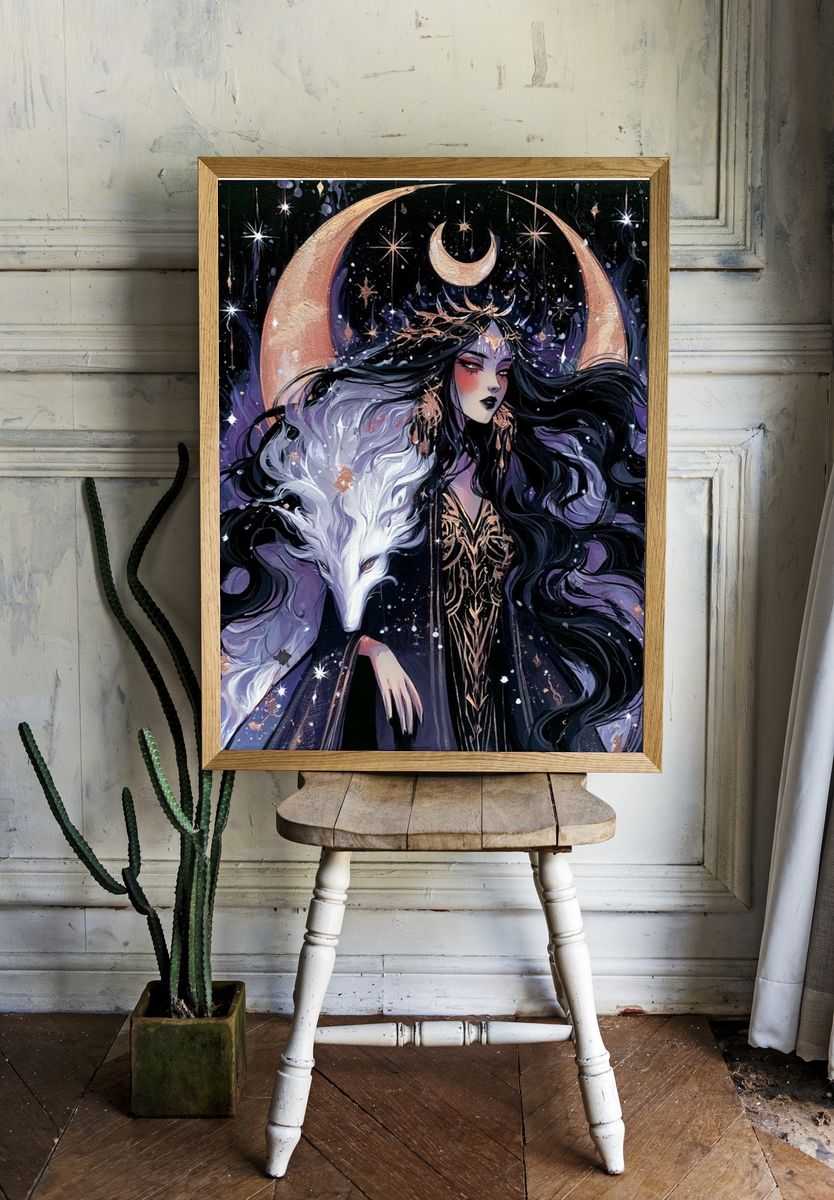 Moon Goddess Wolf Illustration Poster. room preview