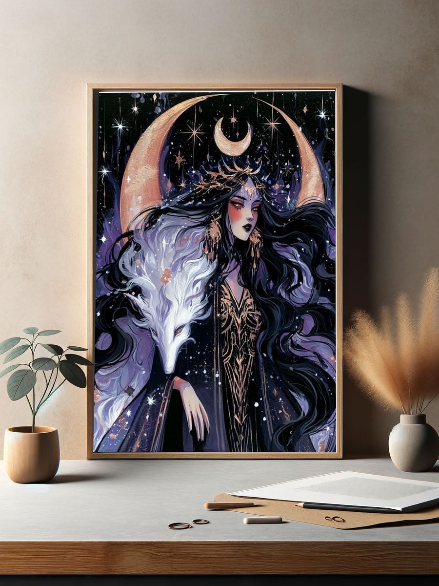 Moon Goddess Wolf Illustration Poster. — room view 2