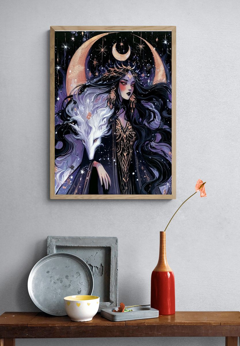 Moon Goddess Wolf Illustration Poster. — room view 3