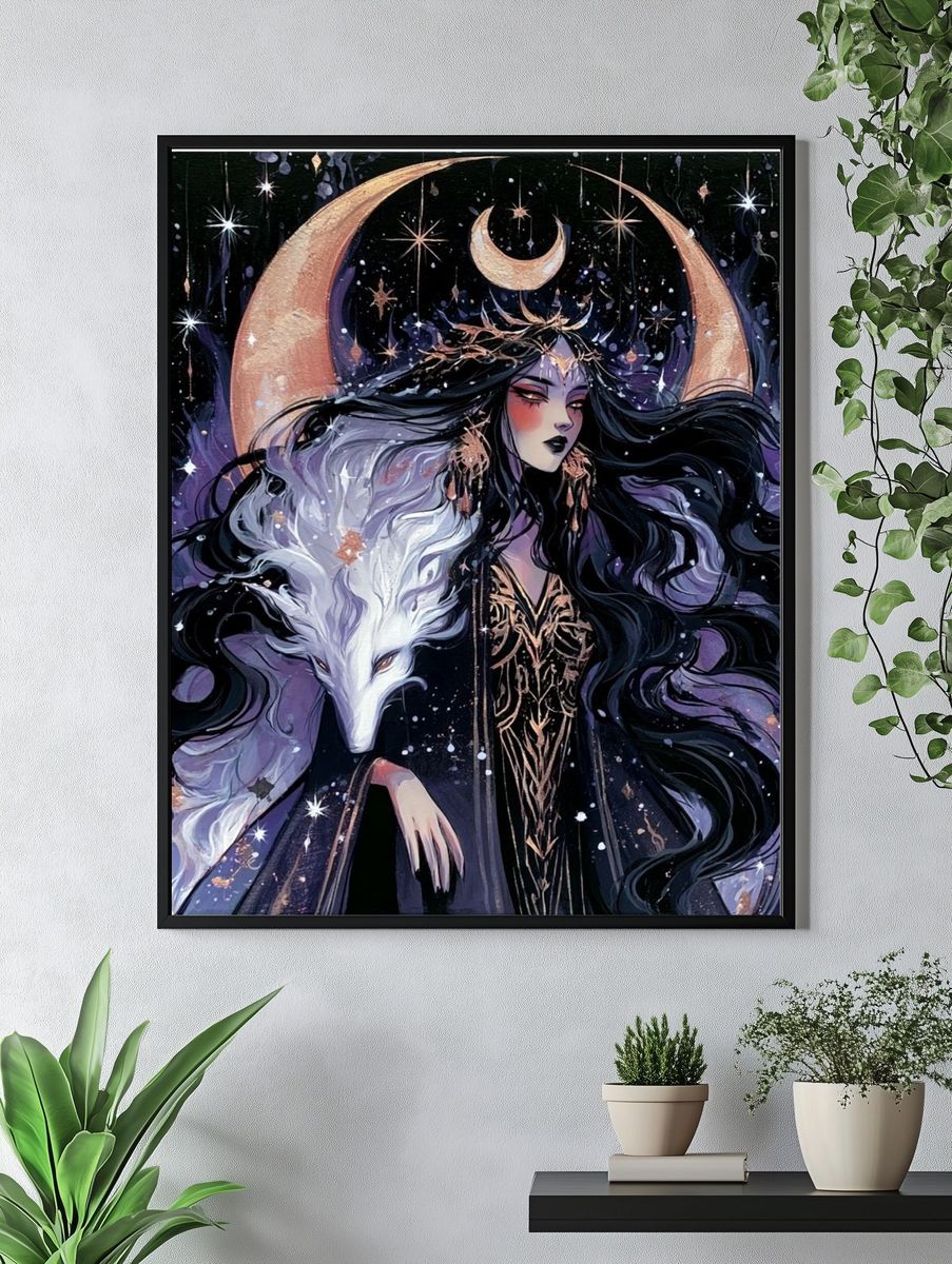 Moon Goddess Wolf Illustration Poster. — room view 4