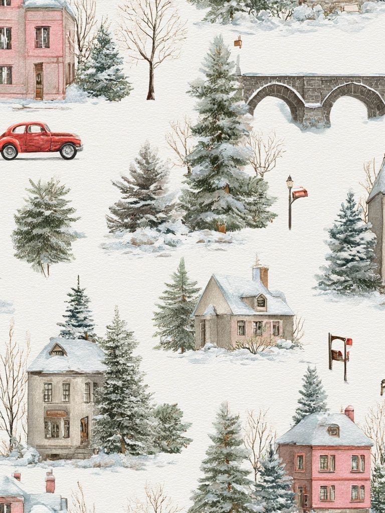 Winter Village Watercolor Print. poster — illustration art