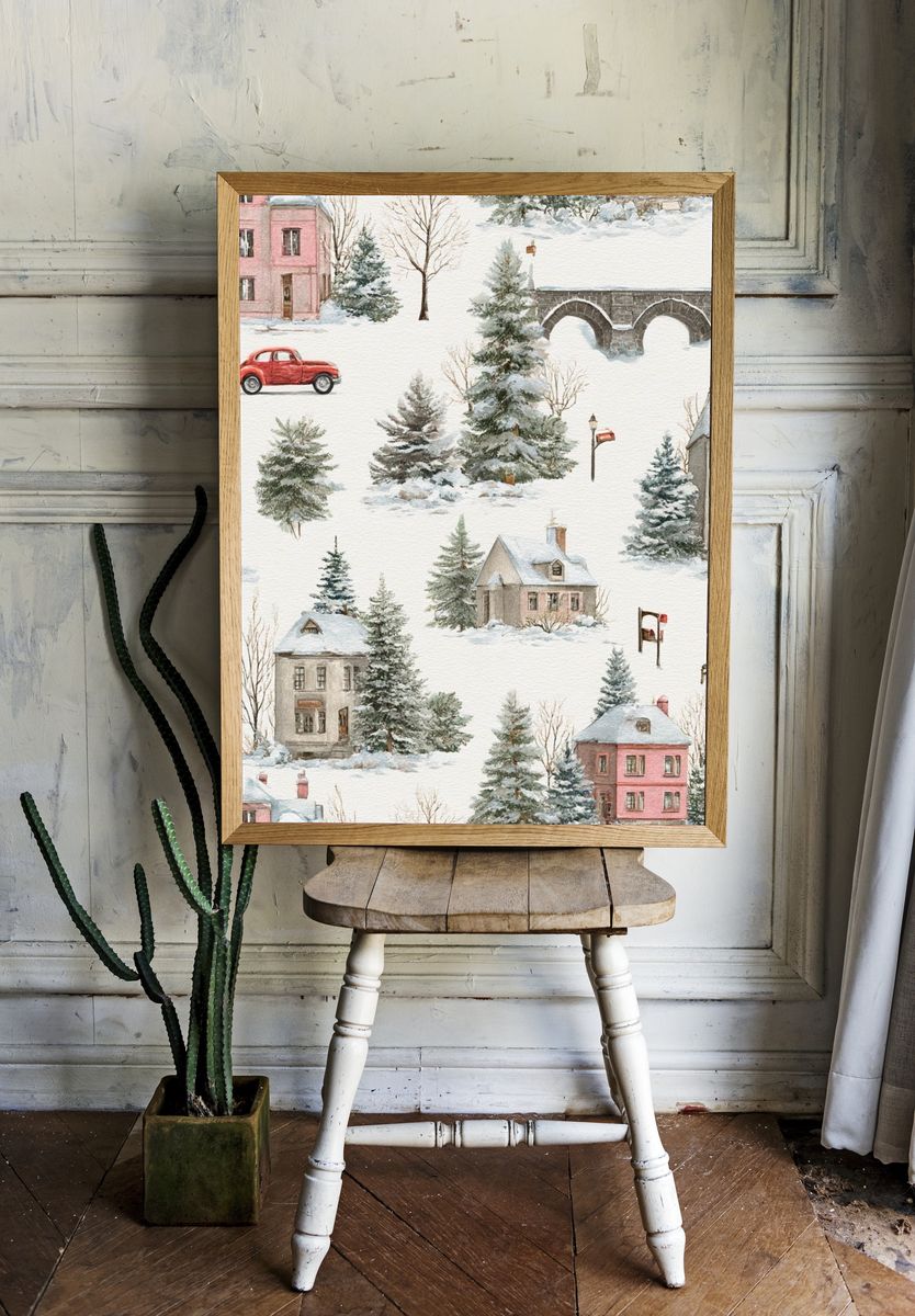 Winter Village Watercolor Print room preview